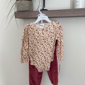 Nicole Miller Cream and Pink velour pants Floral Baby Outfit nwt